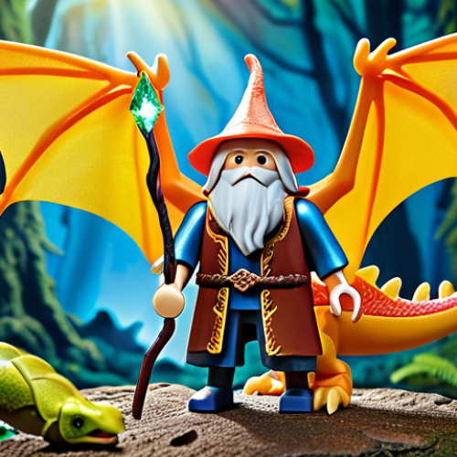 Home 11 **
A Playmobil wizard, old and wise, with an intricately detailed staff topped with a glowing gemstone. He's standing next to his magnificent Playmobil dragon. The dragon's scales shimmer with an iridescent sheen, reflecting a rainbow of colors in the light. They stand together in a mysterious forest, hinting at epic adventures. Emphasize the connection and friendship between the wizard and dragon.
**