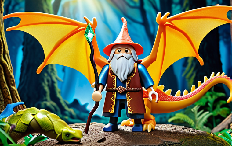 **

A Playmobil wizard, old and wise, with an intricately detailed staff topped with a glowing gemstone. He's standing next to his magnificent Playmobil dragon. The dragon's scales shimmer with an iridescent sheen, reflecting a rainbow of colors in the light. They stand together in a mysterious forest, hinting at epic adventures. Emphasize the connection and friendship between the wizard and dragon.

**