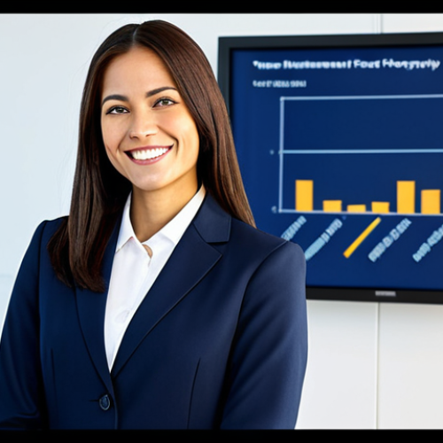 Home 6 **
"A professional businesswoman in a modest, dark blue business suit, smiling confidently while presenting a graph in a brightly lit, modern office. Fully clothed, appropriate attire, safe for work, perfect anatomy, natural proportions, professional corporate photography, high quality, family-friendly."
**