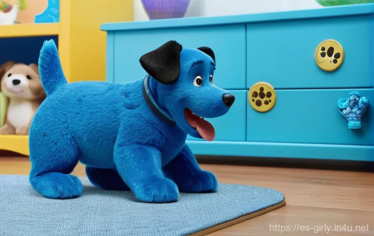 블루의 단서 찾기 놀이 세트 - **Prompt:** A vibrant, cheerful indoor scene of a child, approximately 5-7 years old, with wide, ama...