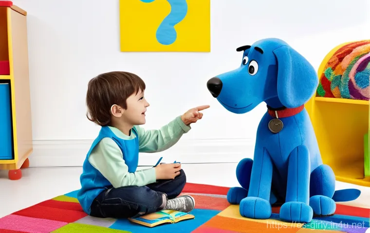 블루의 단서 찾기 놀이 세트 - **Prompt:** A vibrant, cheerful indoor scene of a child, approximately 5-7 years old, with wide, ama...