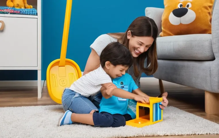 블루의 단서 찾기 놀이 세트 - **Prompt:** An engaging, imaginative scene depicting two children, aged around 6-8, actively playing...