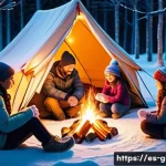 Home 14 겨울왕국 겨울 테마 캠핑 세트 - **Prompt:** "A cozy winter camping scene at dusk. A family (mother, father, and two young children, ...