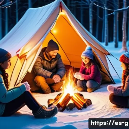 Home 26 겨울왕국 겨울 테마 캠핑 세트 - **Prompt:** "A cozy winter camping scene at dusk. A family (mother, father, and two young children, ...