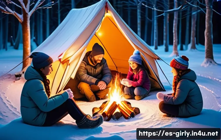 겨울왕국 겨울 테마 캠핑 세트 - **Prompt:** "A cozy winter camping scene at dusk. A family (mother, father, and two young children, ...