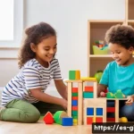 캐릭터 블록놀이와 조립 장난감 - A bright and colorful playroom scene featuring a diverse group of young children aged 3 to 6 years, ...