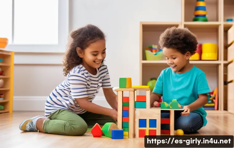캐릭터 블록놀이와 조립 장난감 - A bright and colorful playroom scene featuring a diverse group of young children aged 3 to 6 years, ...