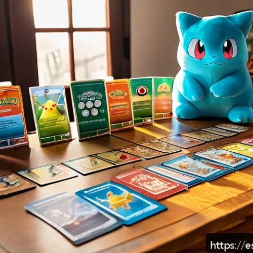 포켓몬 트레이너 키트 소개 - A vibrant scene of a competitive Pok&eacute;mon card game setup on a wooden table in a cozy Spanish living ...