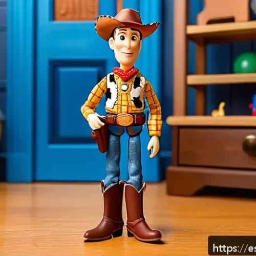 토이스토리 주인공 캐릭터 분석 - A detailed scene depicting Woody, the traditional cowboy toy, standing confidently yet with a hint o...