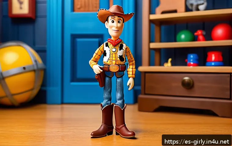 토이스토리 주인공 캐릭터 분석 - A detailed scene depicting Woody, the traditional cowboy toy, standing confidently yet with a hint o...