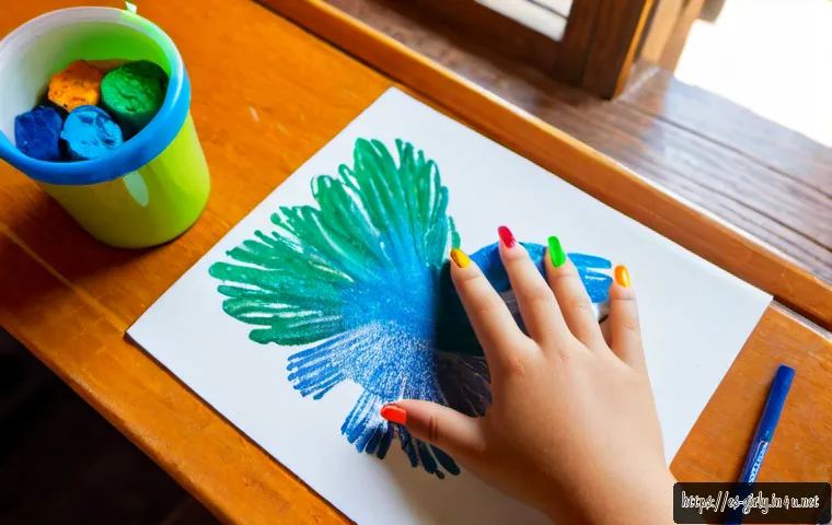 Home 17 크레이올라 색칠놀이 기법 - Photorealistic close-up of a child’s hands using bright wax crayons to layer colors on a blank anima...