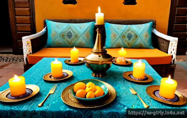 Home 13 디즈니 아라비안 나이트 세트 - Photorealistic Arabian Nights themed table setting for a Spanish family celebration, richly patterne...