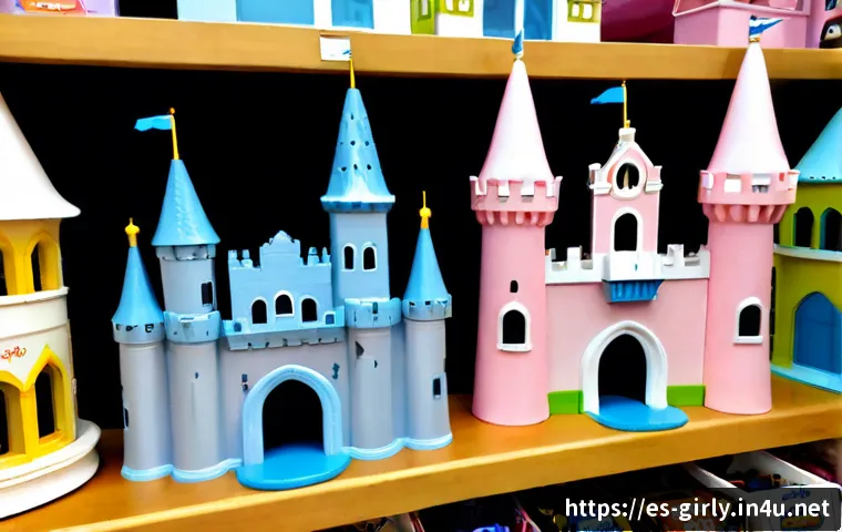 디즈니 프린세스 성 구매처 추천 - Photorealistic product comparison scene in a bright Spanish family toy store, two elegant fairytale ...